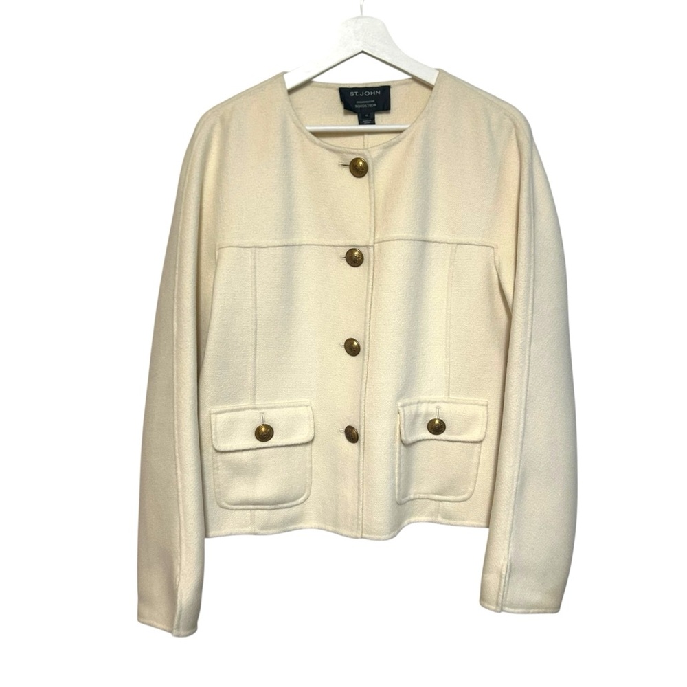 St. John 12 jacket gold button angora wool blend collarless blazer luxury career